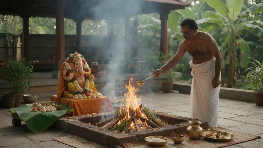 Ganapathi Homam: purohit offering ghee into the sacred fire