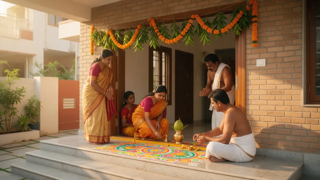 Grihapravesam checklist: family performing the house warming ceremony with a purohit in Chennai