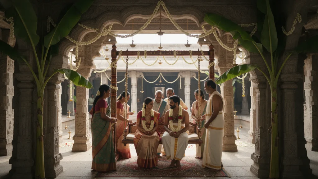 Tamil Brahmin wedding rituals: bride and groom on the Oonjal swing
